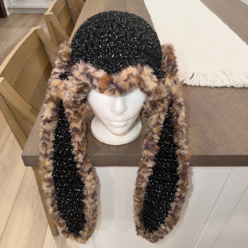 Black Sparkle & Cheetah Bunny Hat