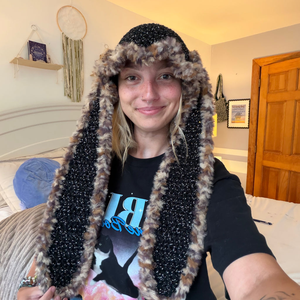 Black Sparkle & Cheetah Bunny Hat