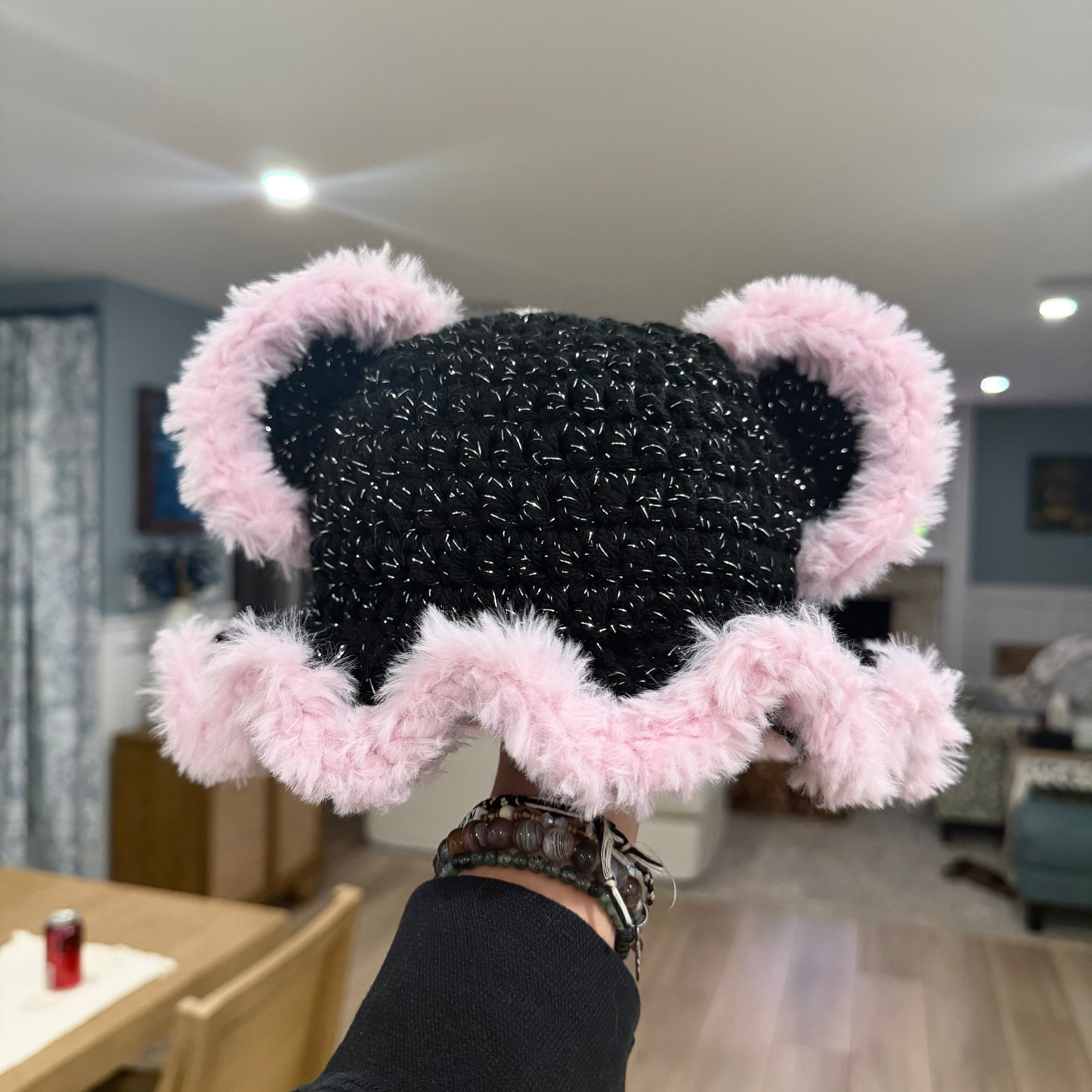 Black Sparkle w/ Pink Fur Bear Hat