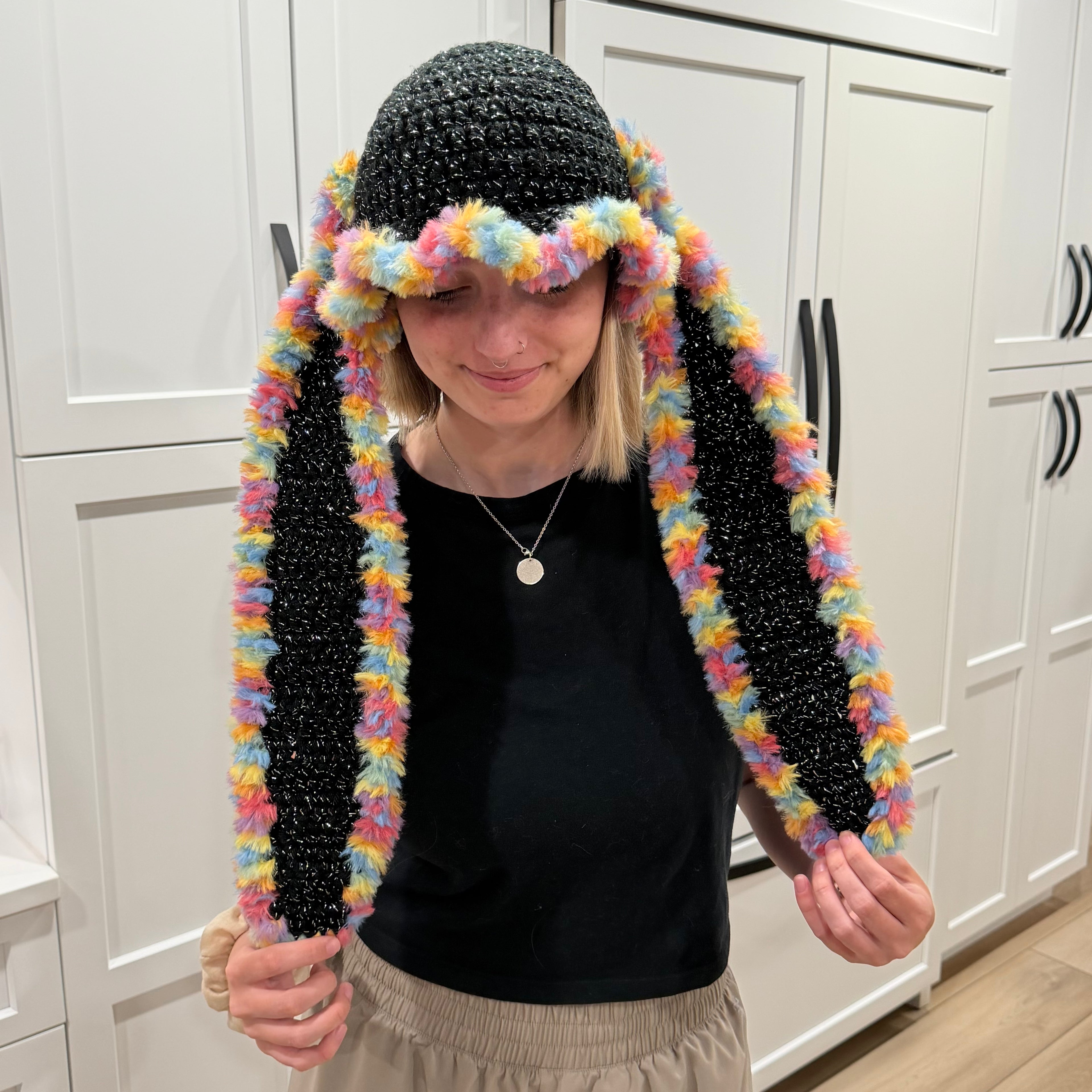 Sparkle Black and Rainbow Bunny Hat