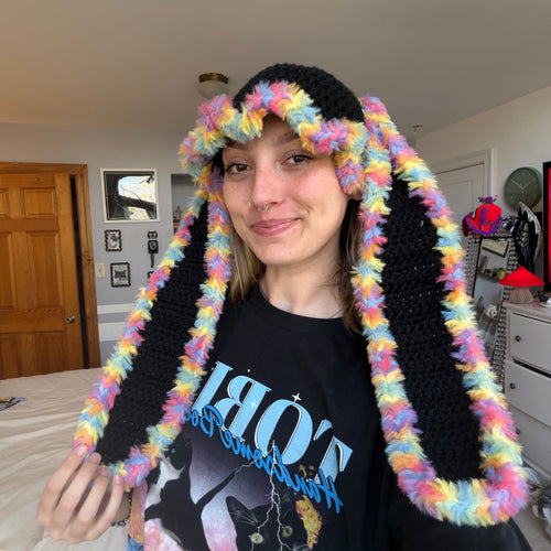 Black & Rainbow Bunny Hat